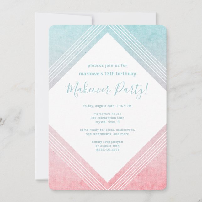 Pastel Watercolor Birthday Makeover Party Aqua Invitation (Front)