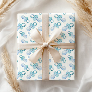 Pastel Watercolor Blue Baby Boy Pacifier Wrapping Paper