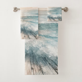 Pastel Watercolor Blue Beach Ocean Waves Wood Bath Towel Set