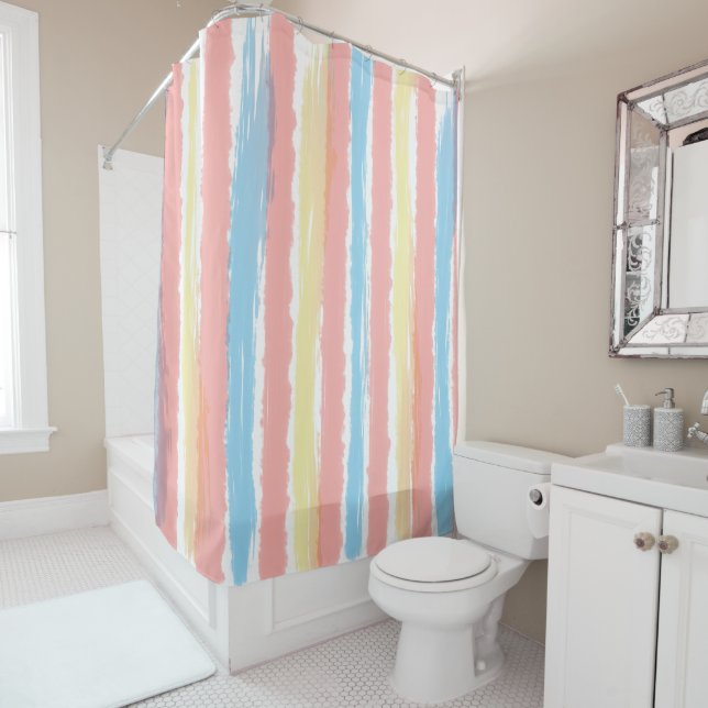 Pastel Watercolor Blue Pink Yellow Stripes Shower Curtain (In Situ)