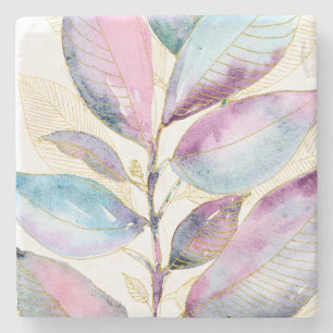 Pastel Watercolor Botanical Leaves Spiral Notebook Stone Coaster