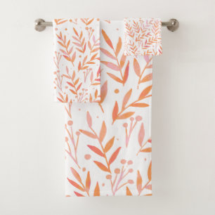 Pastel watercolor branches orange and pink bath towel set