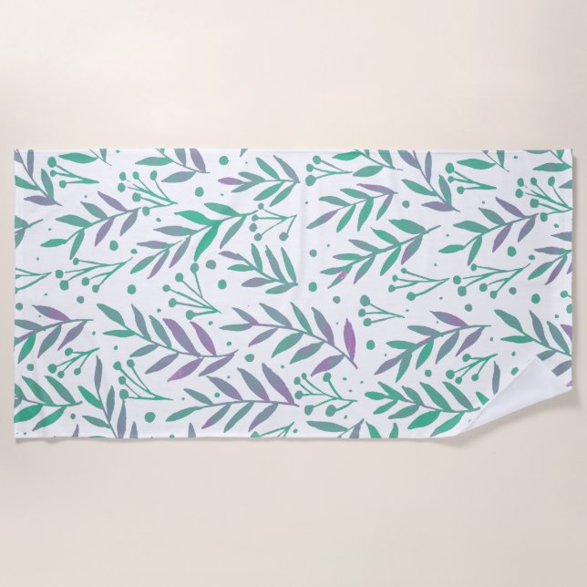 Pastel watercolor branches purple and green beach towel (Front)