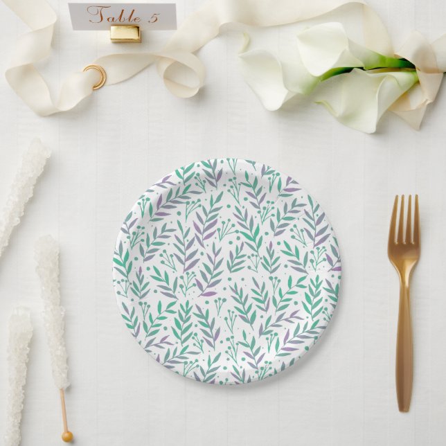 Pastel watercolor branches purple and green paper plate (Wedding)