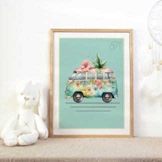 Pastel Watercolor Bus Nursery Poster