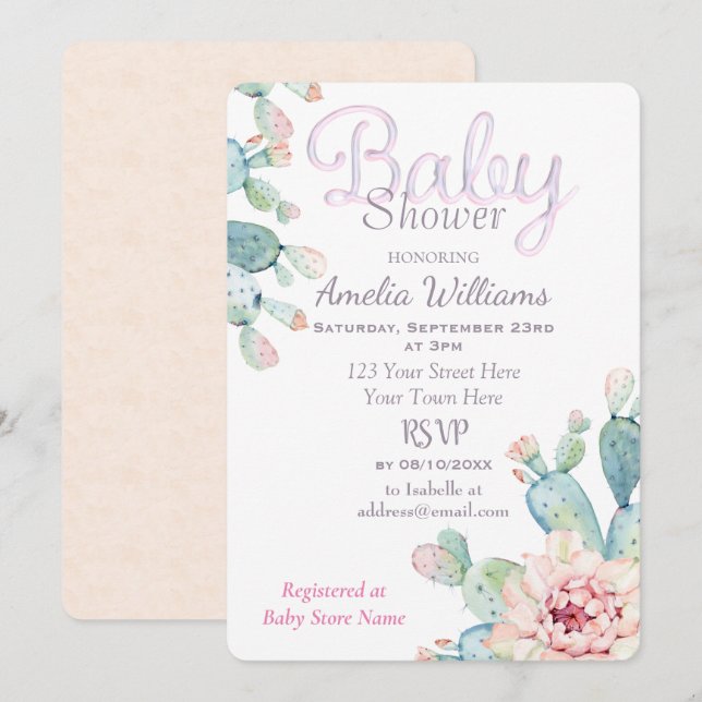 Pastel Watercolor Cactus Pink Baby Shower Invitation (Front/Back)