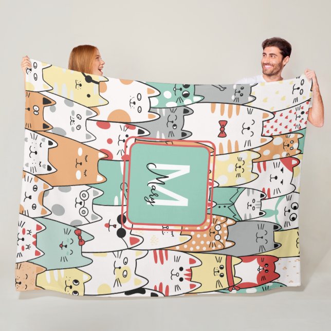 Pastel Watercolor Cat Kitties Name Monogram Kids Fleece Blanket (In Situ)