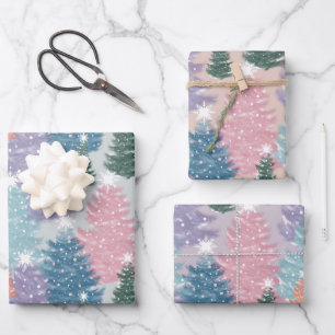 Pastel Watercolor Christmas Tree Forest Snowflake Wrapping Paper Sheet
