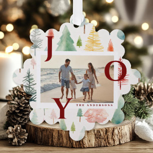 Pastel Watercolor Christmas Trees Red Joy Photo  Tree Decoration Card