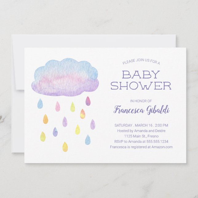 Pastel Watercolor Cloud Raindrops Baby Shower Invitation (Front)