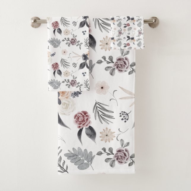 Pastel Watercolor Colourful Roses Grey Leaves Bath Towel Set (Insitu)