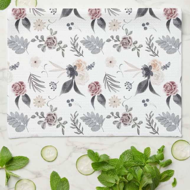 Pastel Watercolor Colourful Roses Grey Leaves Tea Towel (Folded)