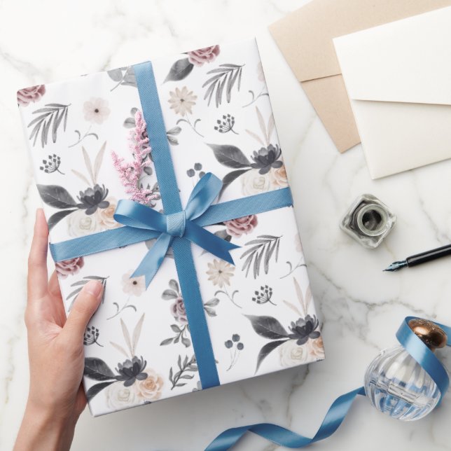 Pastel Watercolor Colourful Roses Grey Leaves Wrapping Paper (Gifting)