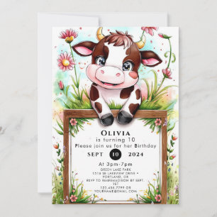 Pastel Watercolor Cow Birthday Invitation