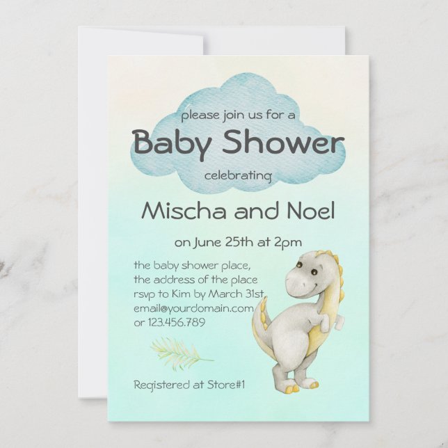 Pastel Watercolor Cute Modern T Rex Baby Shower Invitation (Front)