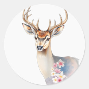 Pastel Watercolor Deer with Flora Classic Round Sticker