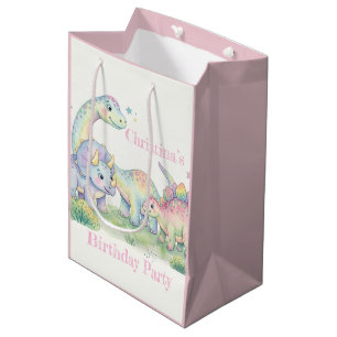 Pastel Watercolor Dinosaur Birthday Party Name Medium Gift Bag