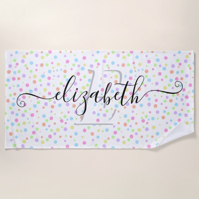 Pastel Watercolor Dots Pattern Monogram Initial Beach Towel (Front)