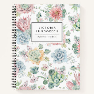 Pastel Watercolor Echievera Succulents Pattern Notebook