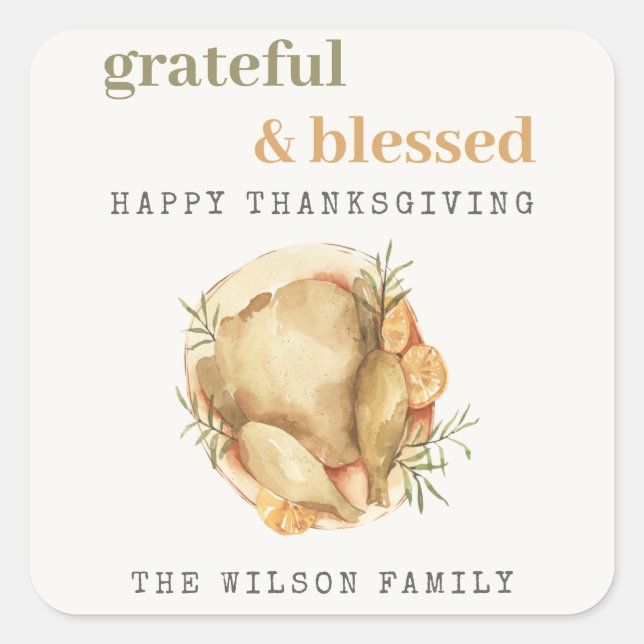 Pastel Watercolor Elegant Turkey Meal Thanksgiving Square Sticker (Front)