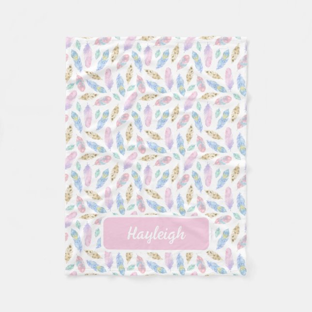 Pastel Watercolor Feathers Personalised Fleece Blanket (Front)