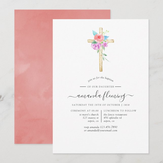 Pastel Watercolor Floral Baby Baptism/Christening Invitation (Front/Back)