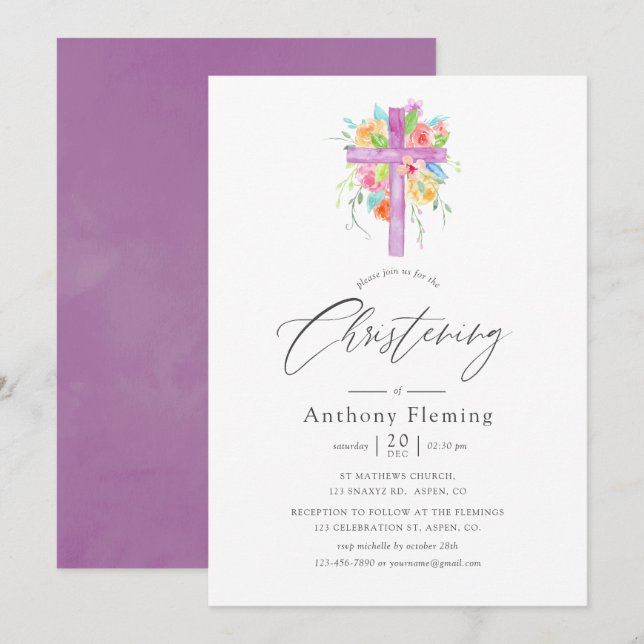 Pastel Watercolor Floral Baby Christening Invitation (Front/Back)