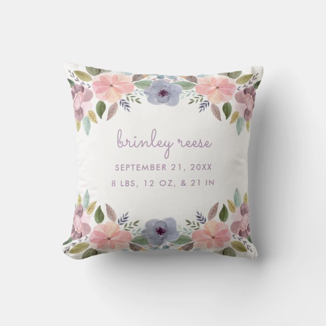 Pastel Watercolor Floral Birth Information Baby Cushion (Front)