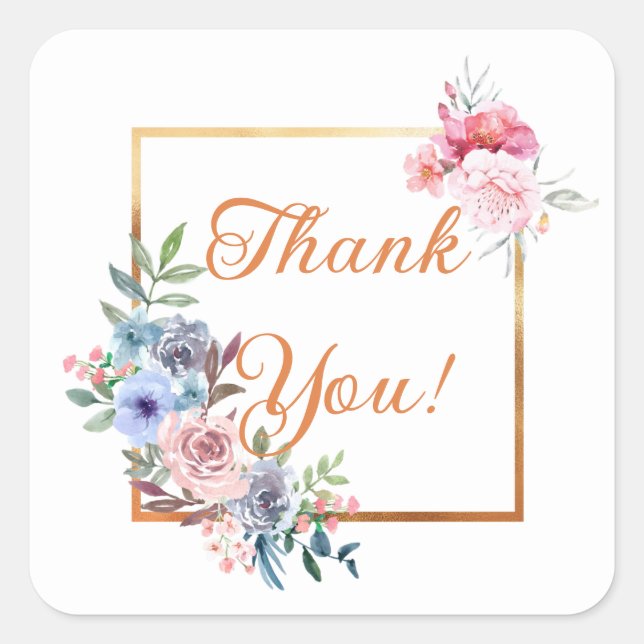 Pastel Watercolor Floral Bouquet Thank You Square Sticker (Front)