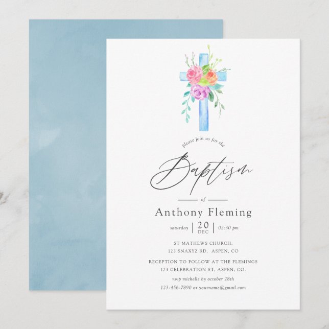 Pastel Watercolor Floral Boy Baptism Invitation (Front/Back)