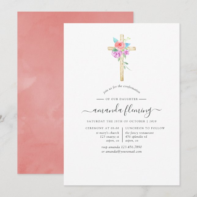 Pastel Watercolor Floral Confirmation Invitation (Front/Back)