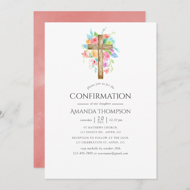 Pastel Watercolor Floral Confirmation Invitation (Front/Back)