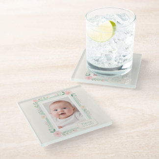 Pastel Watercolor Floral Empty Photo Frame Glass Coaster