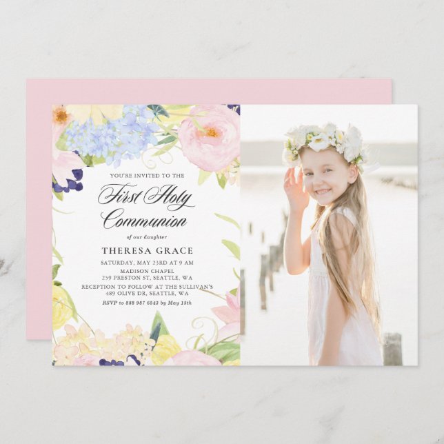 Pastel Watercolor Floral Frame First Communion Invitation (Front/Back)