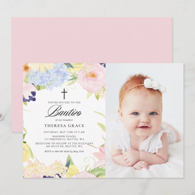 Pastel Watercolor Floral Frame Photo Bautizo Invitation (Front/Back)