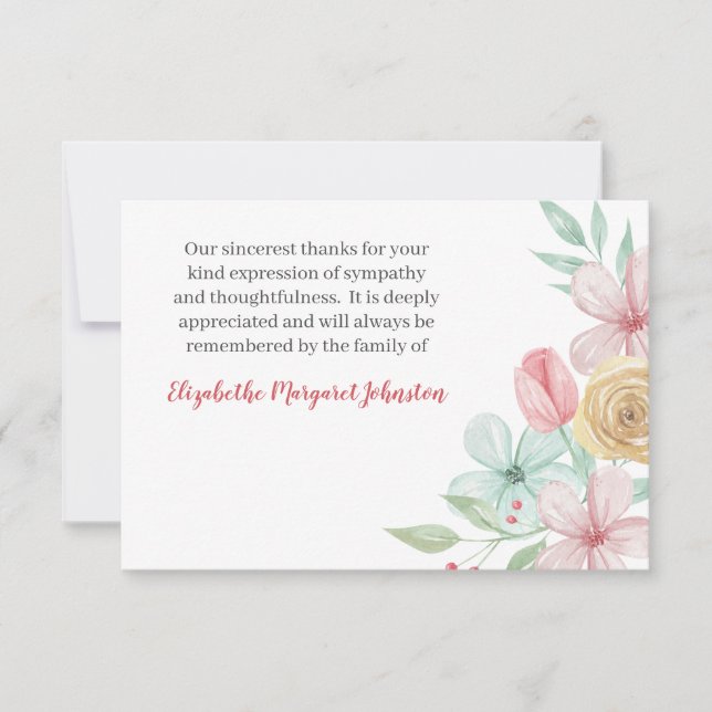 Pastel Watercolor Floral Funeral Bereavement Thank You Card (Front)