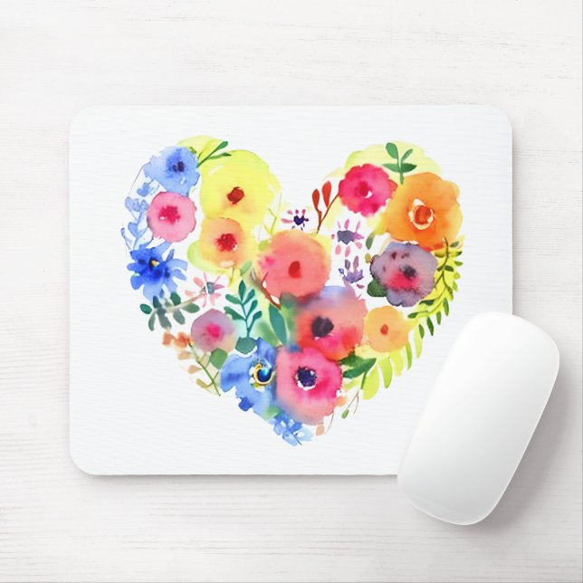 Pastel Watercolor Floral Heart Wreath Mouse Mat (With Mouse)