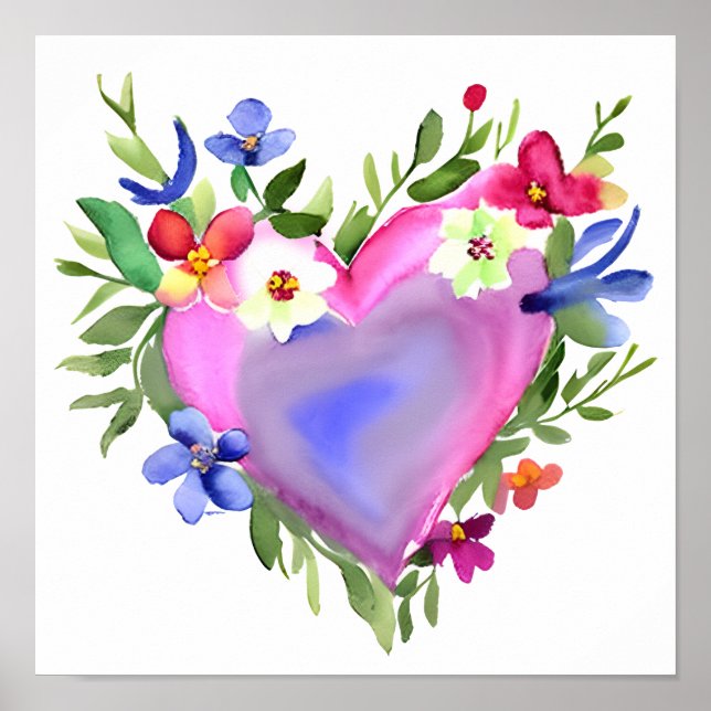 Pastel Watercolor Floral Heart Wreath Poster (Front)