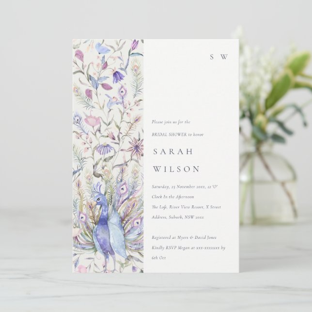 Pastel Watercolor Floral Peacock Bridal Shower Invitation (Standing Front)