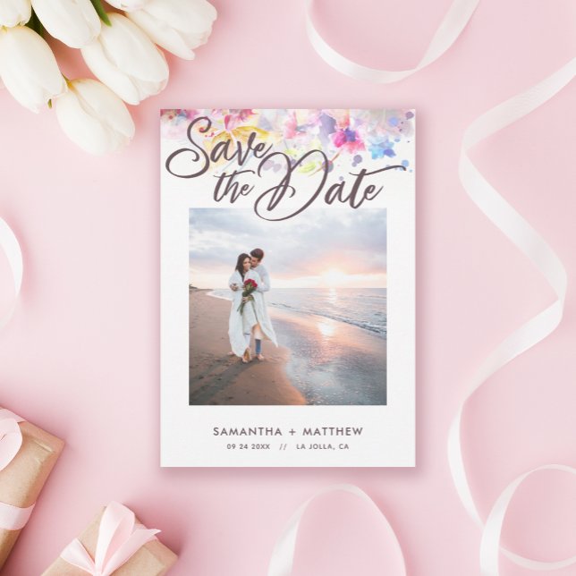 Pastel Watercolor Floral Photo Wedding Save The Date (Creator Uploaded)