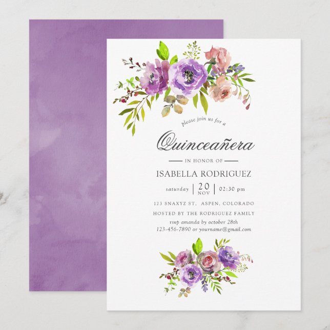 Pastel Watercolor Floral Quinceañera Invitation (Front/Back)