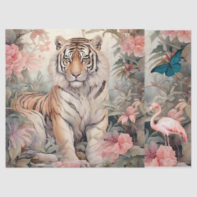 Pastel Watercolor Floral Tiger Decoupage  Tissue Paper (Front)
