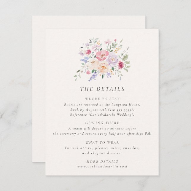Pastel Watercolor Floral Wedding Details Card (Front/Back)