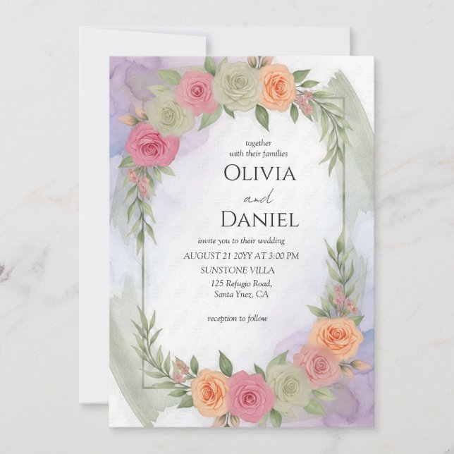 Pastel Watercolor Floral Wedding Invitation (Front)