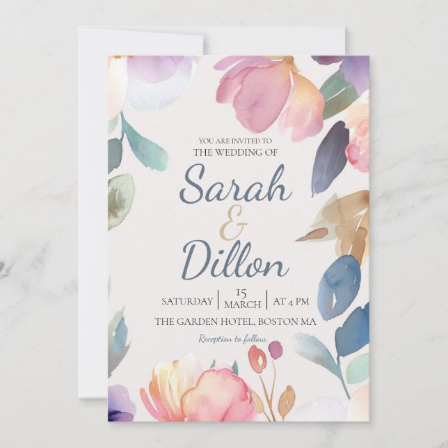 Pastel Watercolor Floral Wedding Invitation (Front)