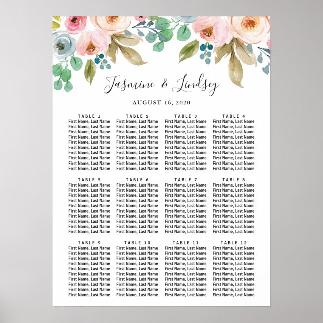 Pastel Watercolor Floral Wedding Seating Chart (Front)