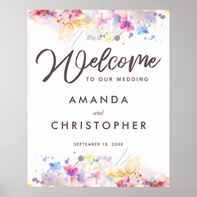 Pastel Watercolor Floral Welcome Wedding Poster (Front)