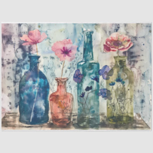 Pastel Watercolor Florals in Bottles Decoupage Tissue Paper
