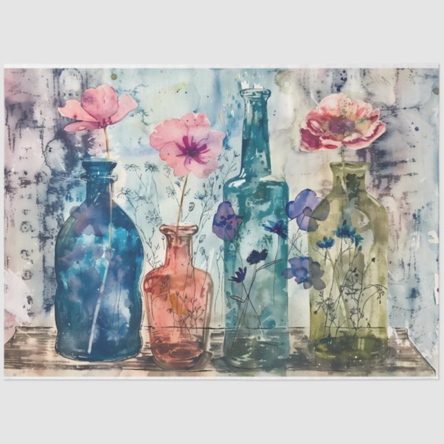 Pastel Watercolor Florals in Bottles Decoupage Tissue Paper (Front)
