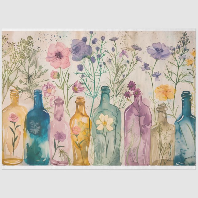 Pastel Watercolor Florals in Bottles Decoupage Tissue Paper (Front)